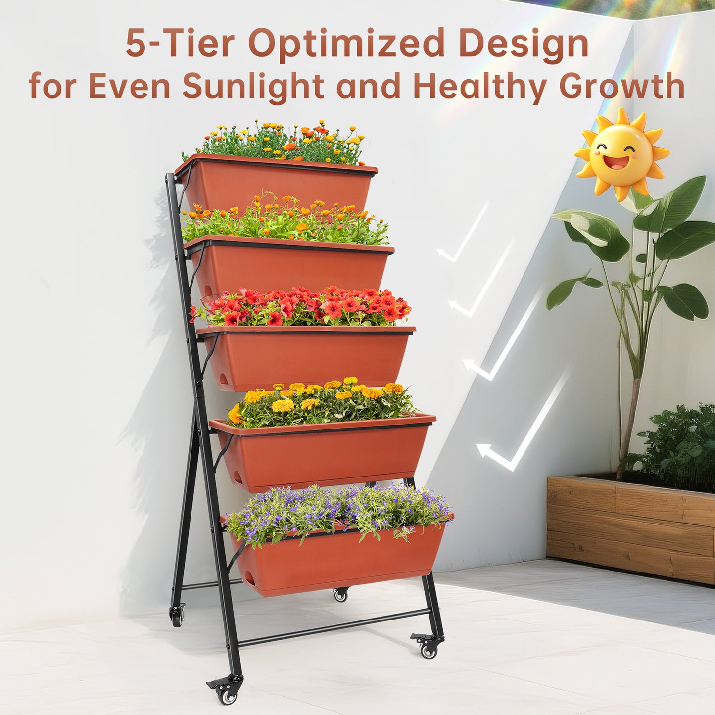 Vipsafe 4FT 5-Tier Vertical Garden Bed with Wheels, Ideal for Indoor/Outdoor Use, Brown, 19.7" x 21.3" x 46.9"