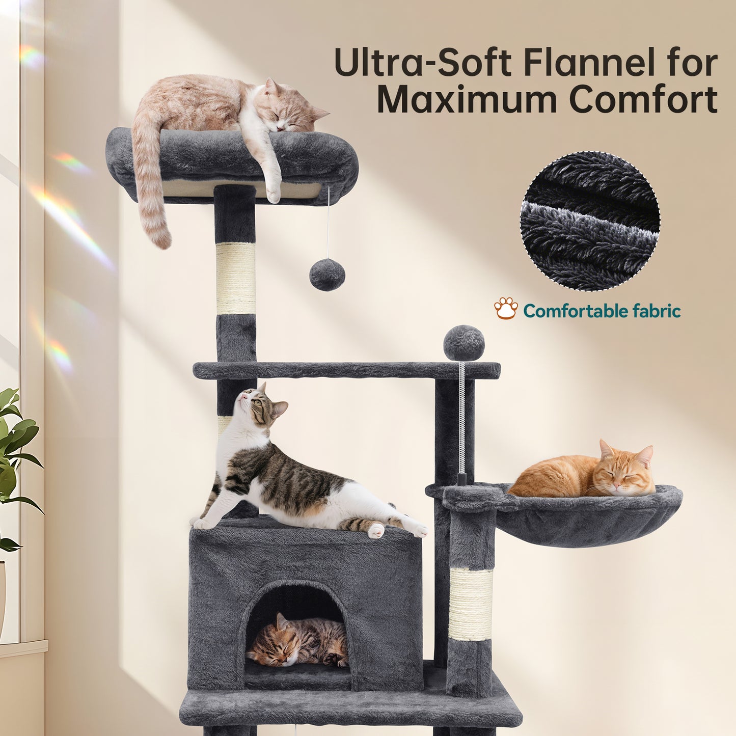 Vipsafe 63.8-Inch Cat Tree with 6 Tiers, Sisal Scratching Posts, Toys, and Cozy Bed for Indoor Cats