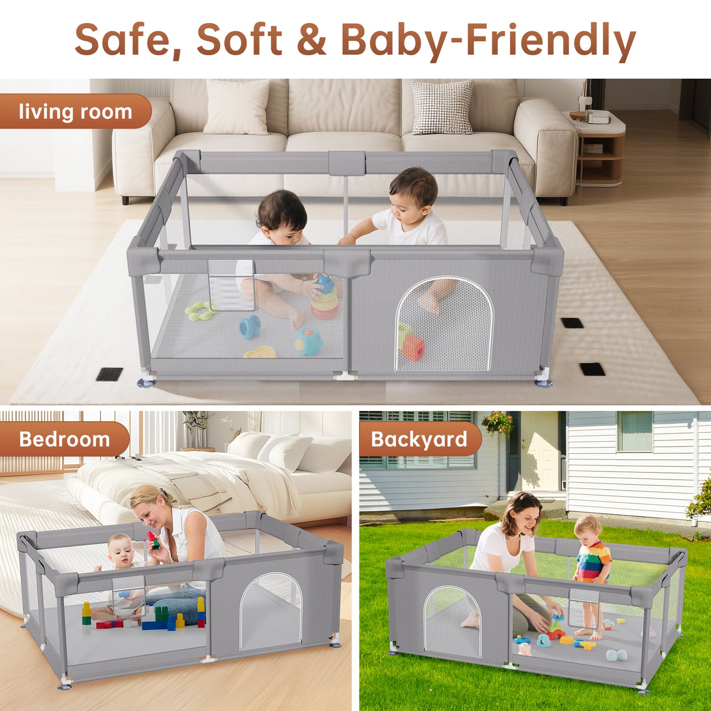 Vipsafe Baby Playpen with Carry Bag Safety Play Yard for Toddlers Easy to Assemble & Store Durable & Portable Playpen for Kids 49" x 71" Gray
