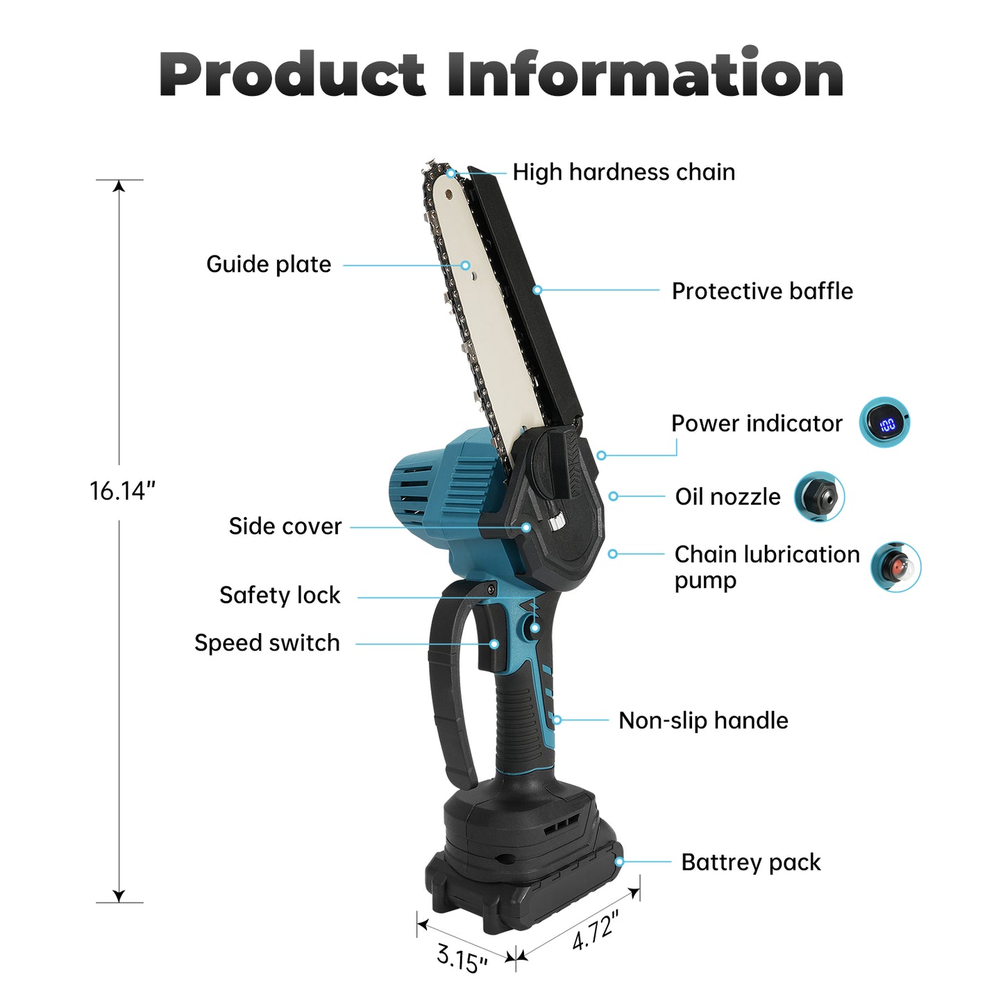Vipsafe 6" Portable Cordless Electric Chainsaw with 2 x 21V 2000mAh Batteries, Ideal for Gardening, Wood Cutting and DIY, Blue
