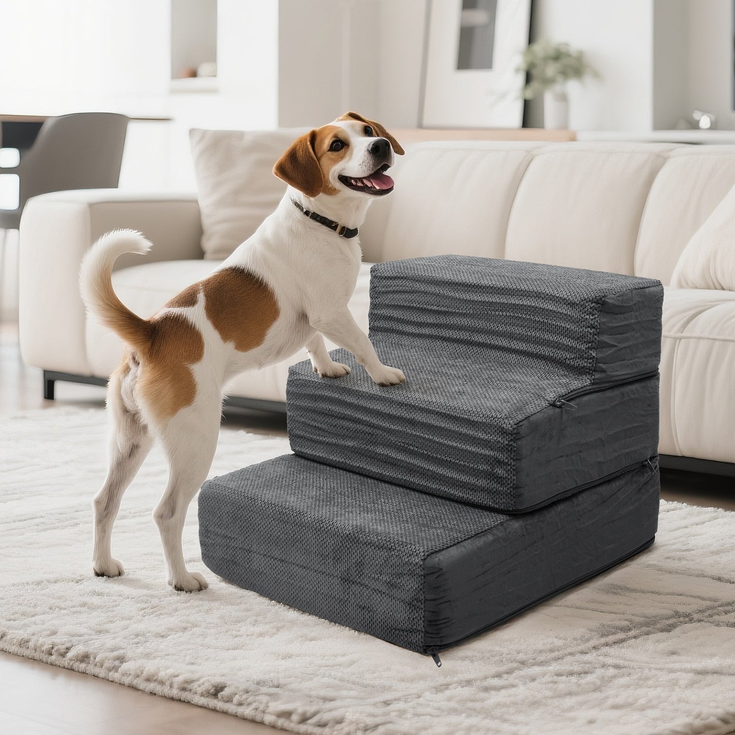 Vipsafe 3-Step Dog Ramp Ladder, Pet Stairs with Non-Slip Bottom and Washable Cover for Small Dogs and Cats,Gray