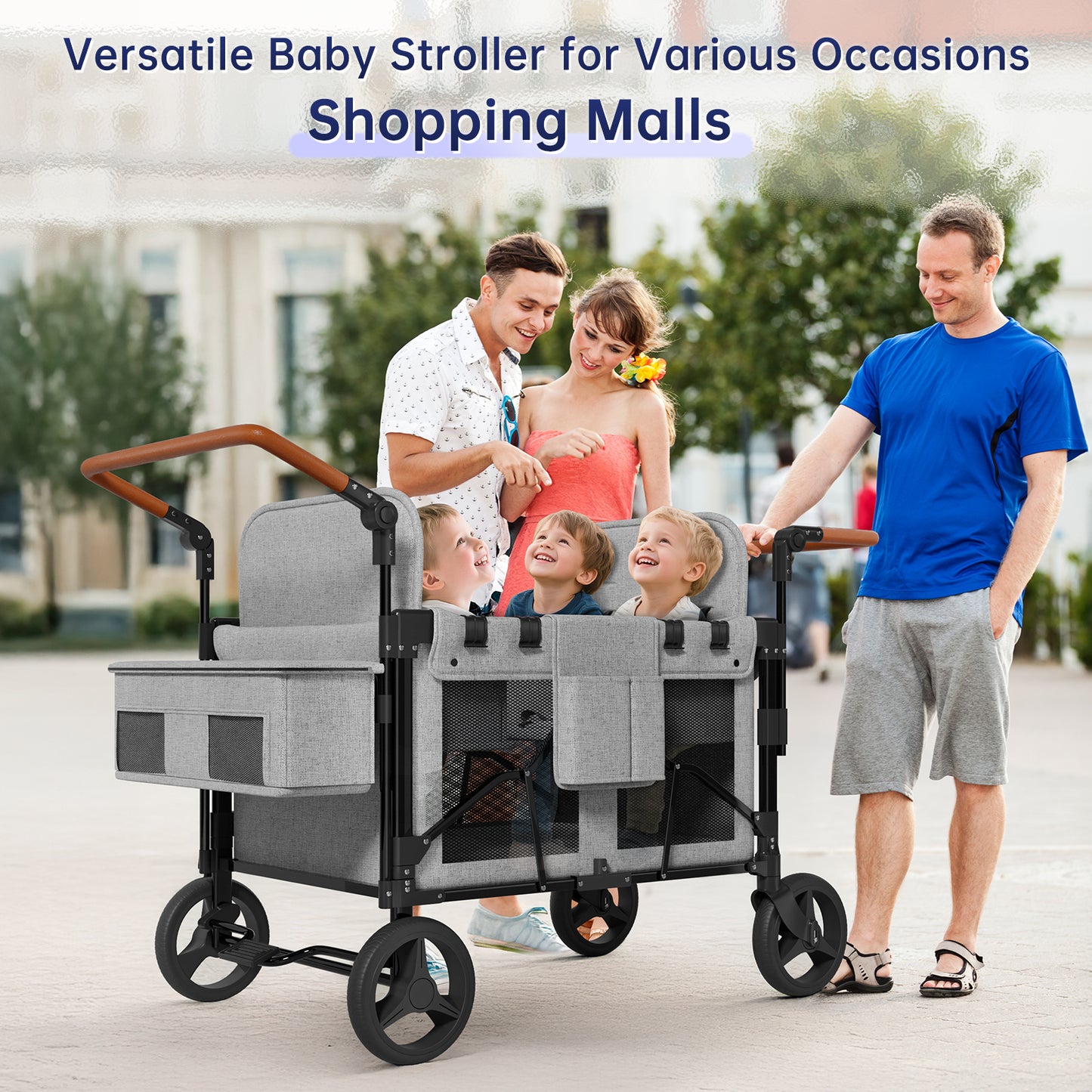 Vipsafe Foldable Wagon Stroller for 4 Kids, Multifunctional Wagon with Detachable Canopy, Adjustable Handlebars, Removable Seats, Gray