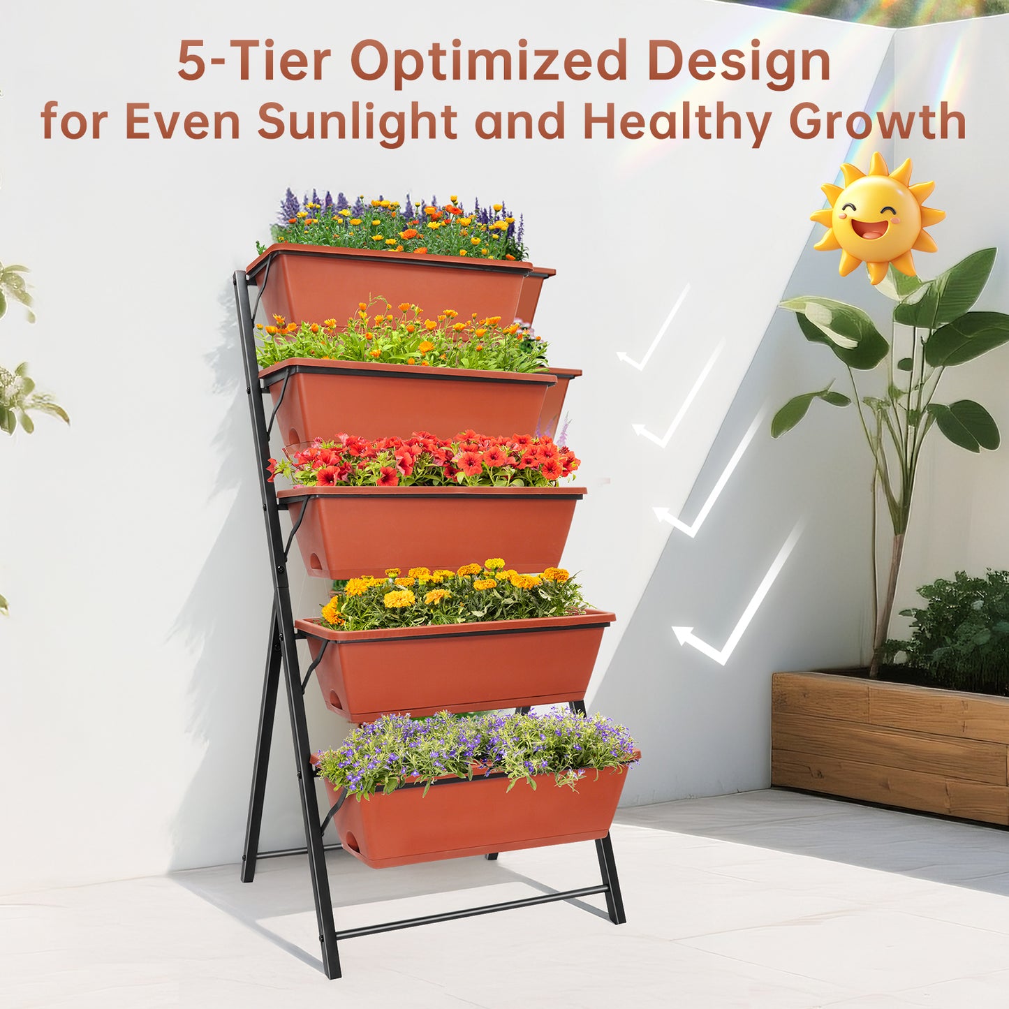 Vipsafe 4FT 5-Tier Vertical Garden Bed, Ideal for Indoor/Outdoor Use, Brown,19.7" x 21.3" x 44.5"
