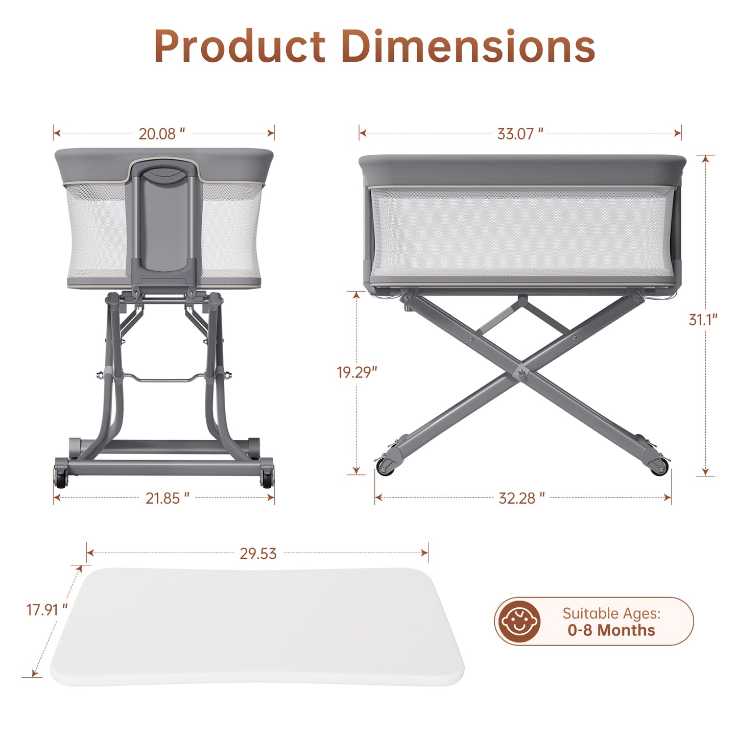 Vipsafe Baby Bassinet Sleeper, Adjustable Bedside Sleeper, Breathable Mesh with Wheels,Perfect Baby Shower Gift,Gray