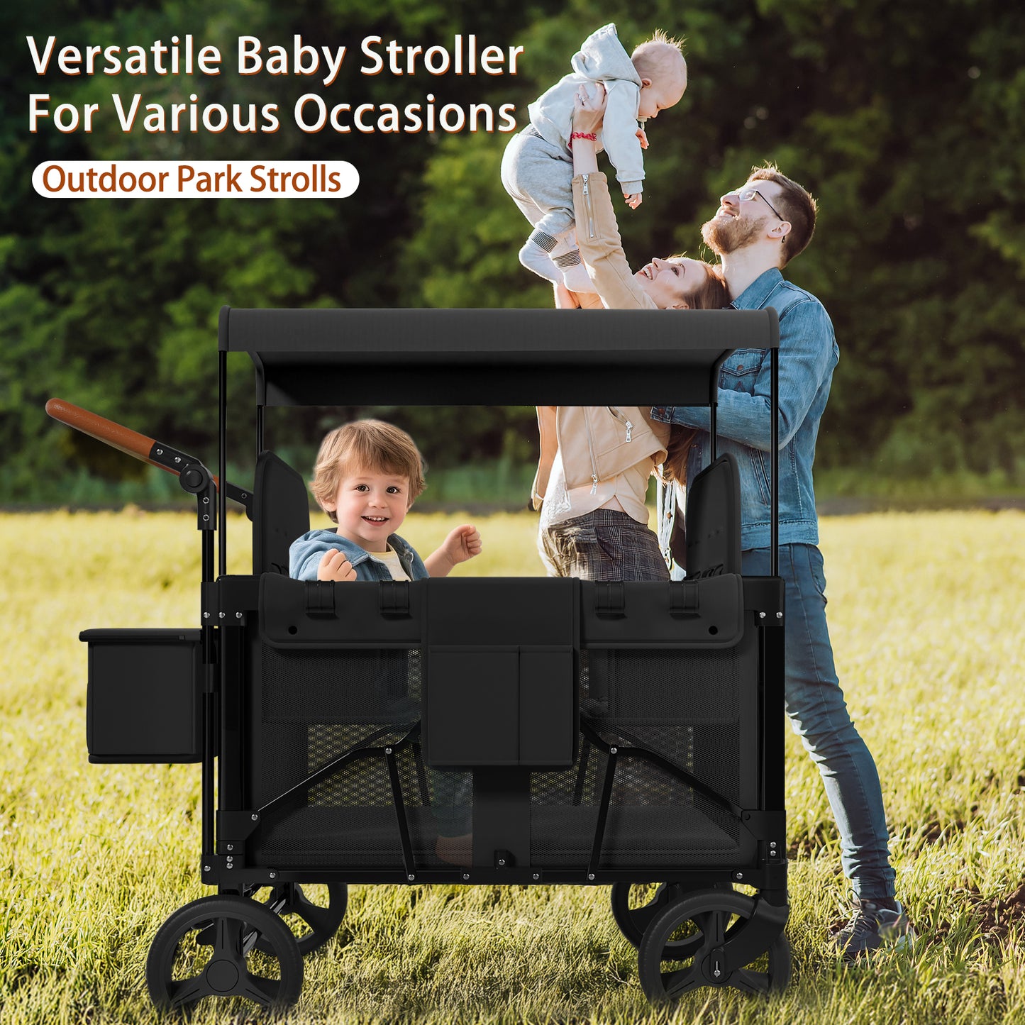 Vipsafe Foldable Wagon Stroller for 2 Kids, Multifunctional Wagon with Detachable Canopy, Adjustable Handlebars, Removable Seats, and Easy Storage