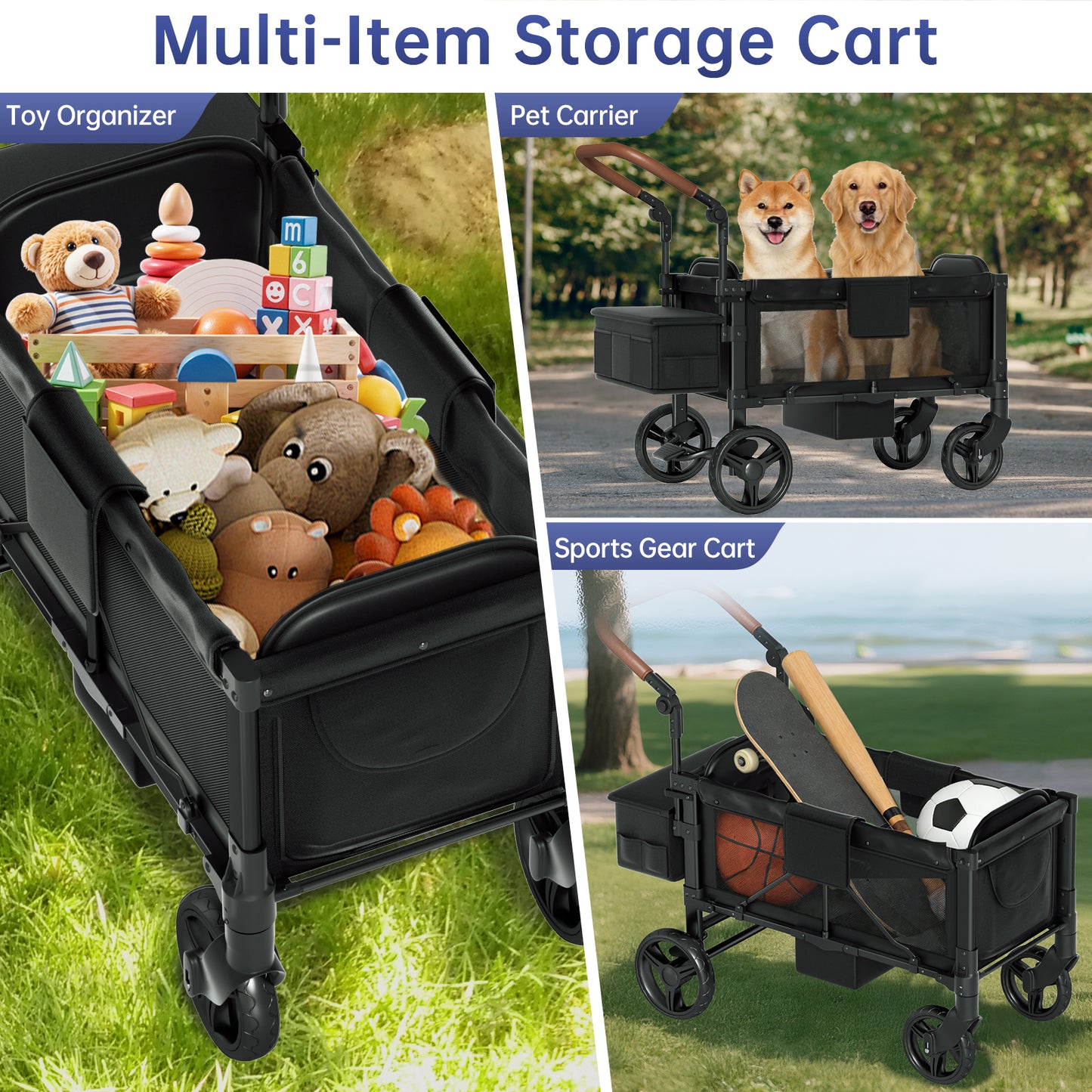Vipsafe Foldable Wagon Stroller for 2 Kids, Multifunctional Baby Stroller with Detachable Canopy, Adjustable Handlebars, Easy Storage for Toddlers
