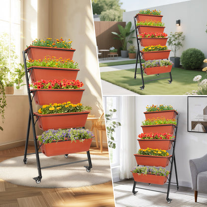 Vipsafe 4FT 5-Tier Vertical Garden Bed with Wheels, Ideal for Indoor/Outdoor Use, Brown, 19.7" x 21.3" x 46.9"