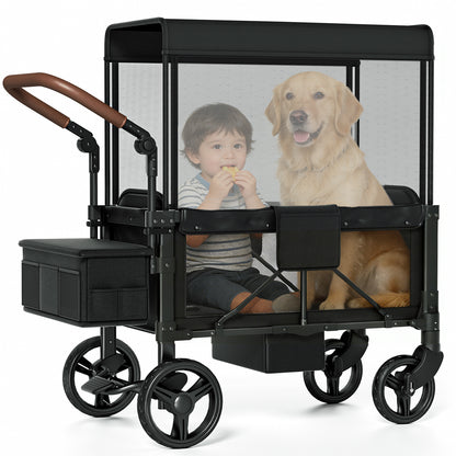 Vipsafe Foldable Wagon Stroller for 2 Kids, Multifunctional Baby Stroller with Detachable Canopy, Adjustable Handlebars, Easy Storage for Toddlers