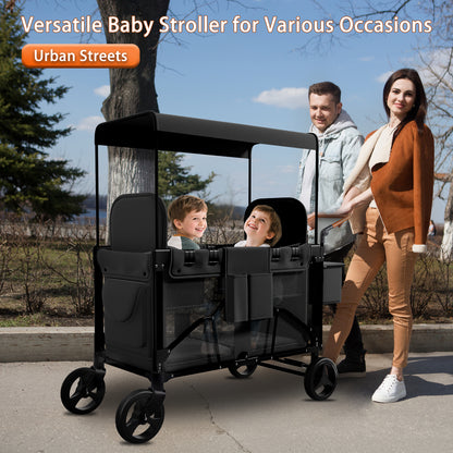 Vipsafe Foldable Wagon Stroller for 2 Kids, Multifunctional Wagon with Detachable Canopy, Adjustable Handlebars, Removable Seats, and Easy Storage