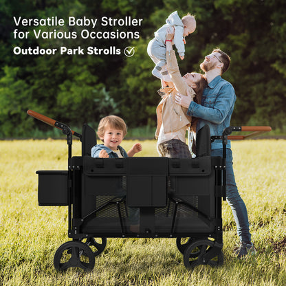 Vipsafe Foldable Wagon Stroller for 4 Kids, Multifunctional Wagon with Detachable Canopy, Adjustable Handlebars, Removable Seats, and Easy Storage