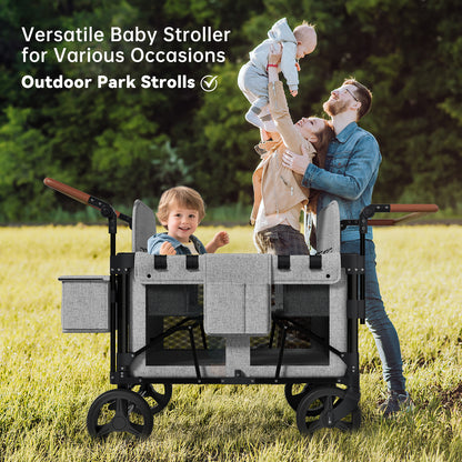 Vipsafe Foldable Wagon Stroller for 4 Kids, Multifunctional Wagon with Detachable Canopy, Adjustable Handlebars, Removable Seats, Gray