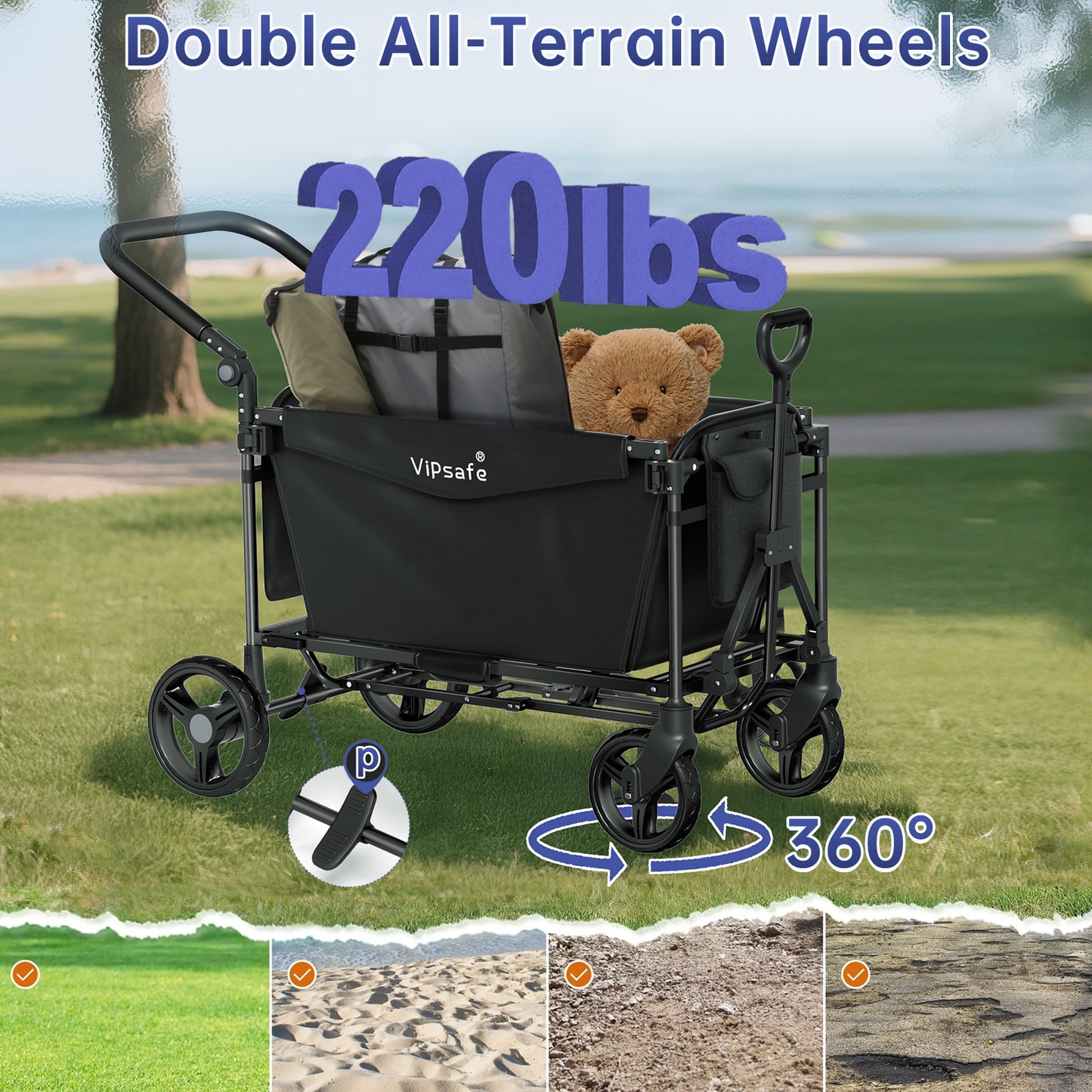 Vipsafe Foldable Wagon Stroller for 2 Kids, Gray