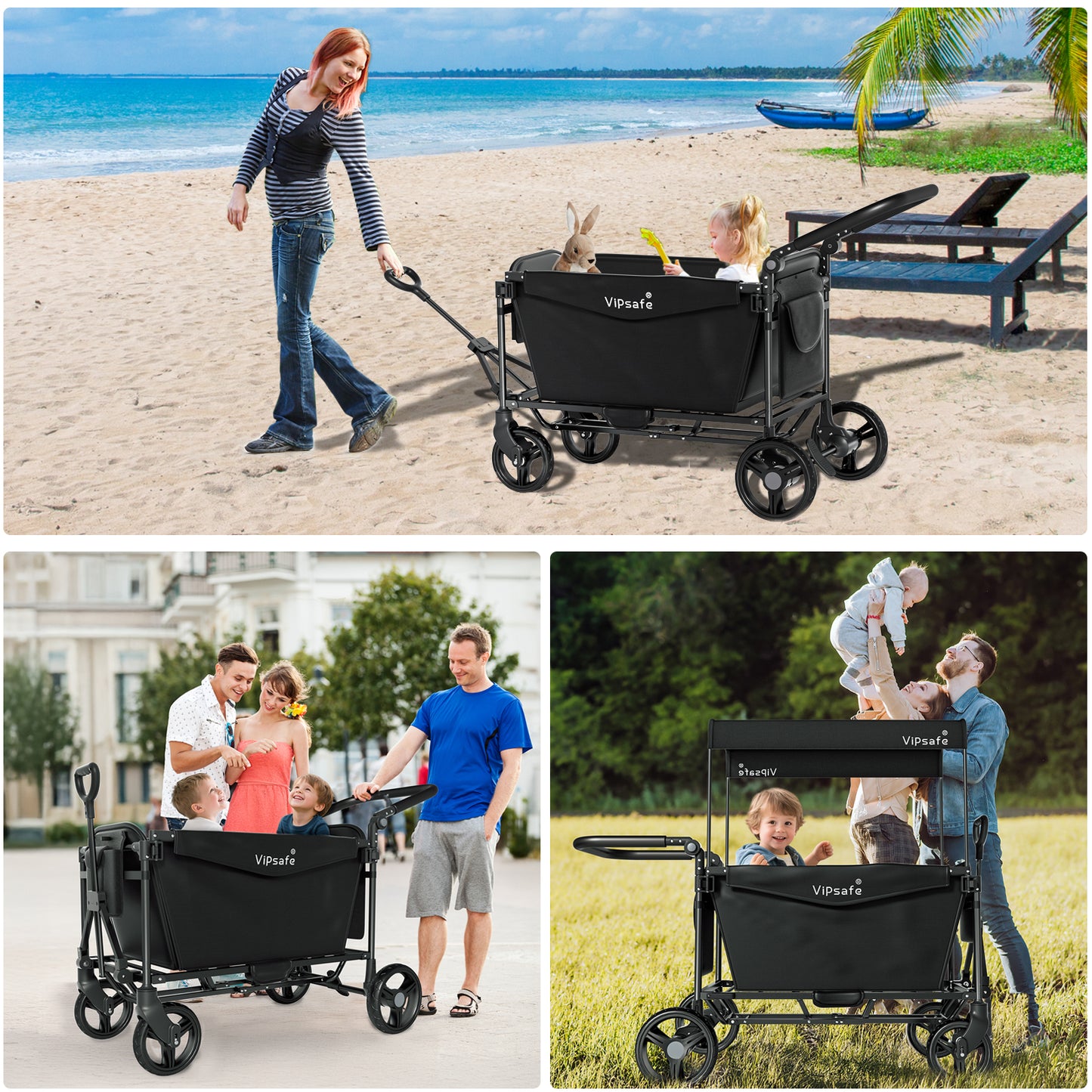 Vipsafe Foldable Wagon Stroller for 2 Kids, Gray