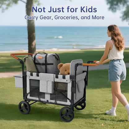 Vipsafe Foldable Wagon Stroller for 4 Kids, Multifunctional Wagon with Detachable Canopy, Adjustable Handlebars, Removable Seats, Gray