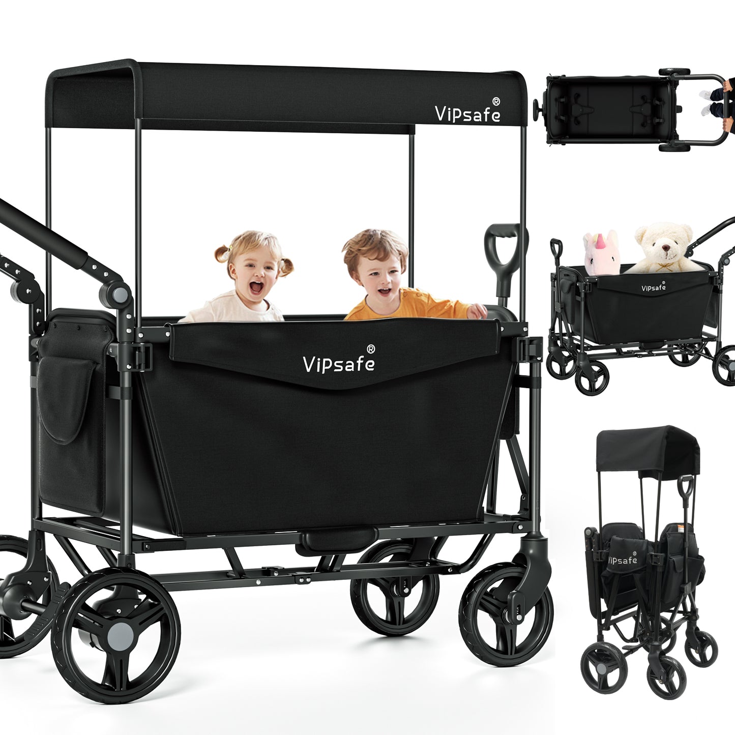 Vipsafe Foldable Wagon Stroller for 2 Kids, Gray