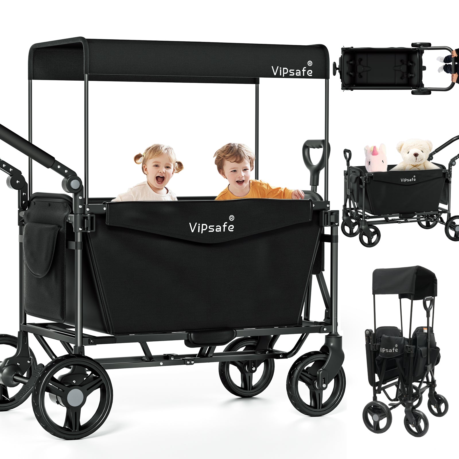 Vipsafe Foldable Wagon Stroller for 2 Kids, Multifunctional Wagon with