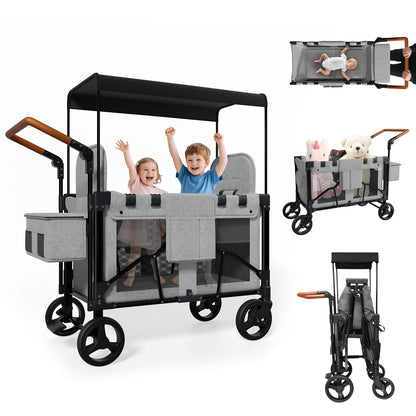 Vipsafe Foldable Wagon Stroller for 2 Kids, Multifunctional Wagon with Detachable Canopy, Adjustable Handlebars, Removable Seats, Gray