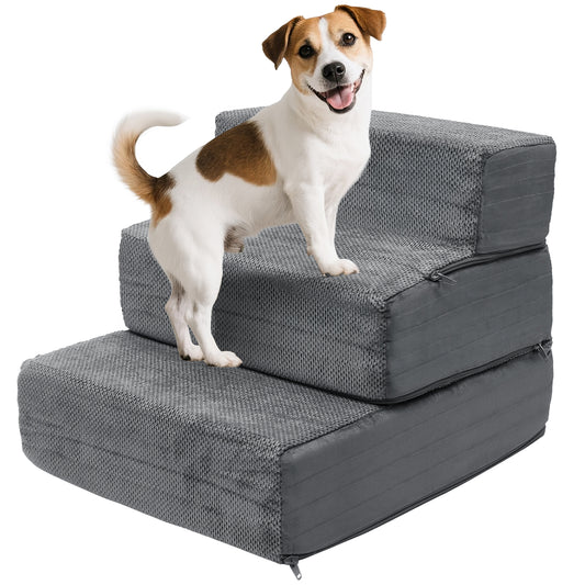 Vipsafe 3-Step Dog Ramp Ladder, Pet Stairs with Non-Slip Bottom and Washable Cover for Small Dogs and Cats,Gray