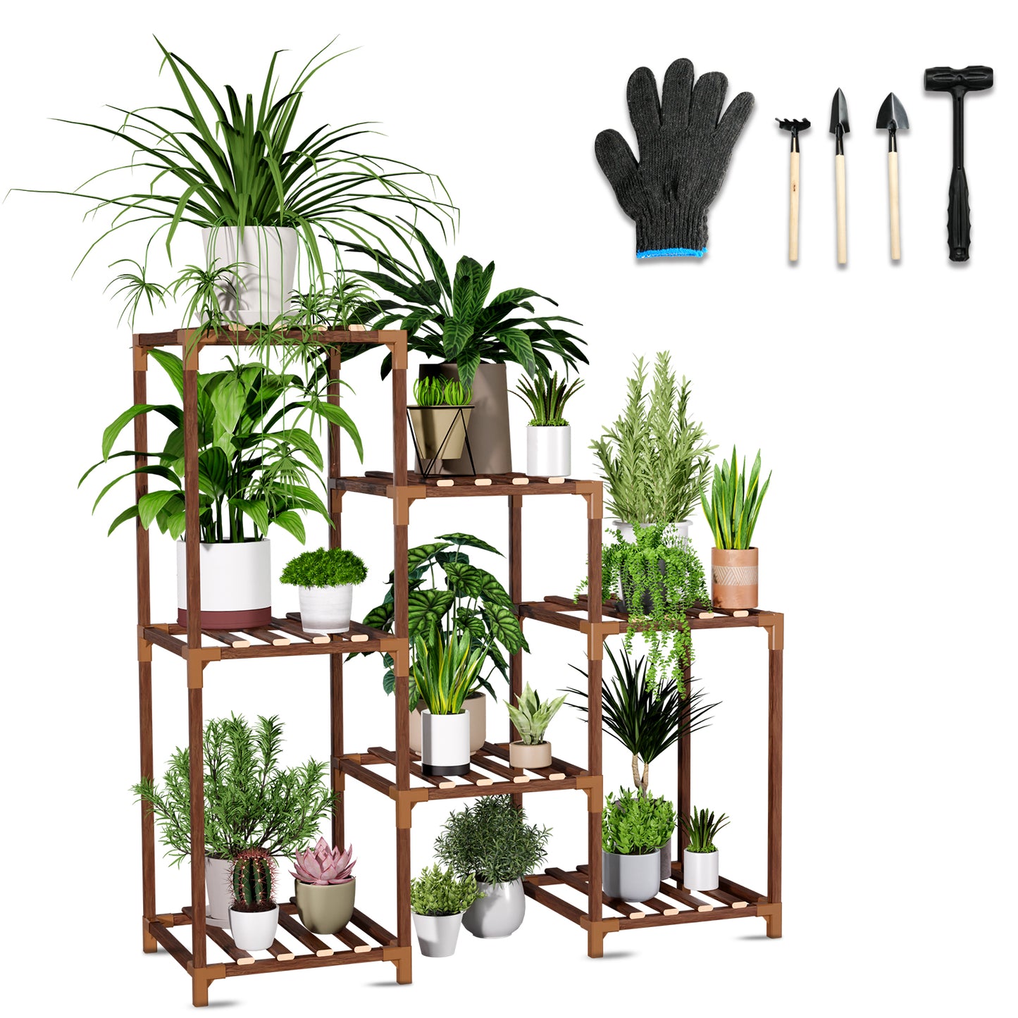 Vipsafe 3-Tier Wood Plant Stand for 7 Pots, Indoor Outdoor Flower Shelf for Balcony or Garden Decor