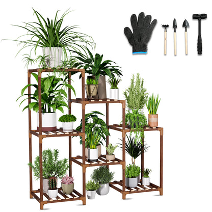 Vipsafe 3-Tier Wood Plant Stand for 7 Pots, Indoor Outdoor Flower Shelf for Balcony or Garden Decor