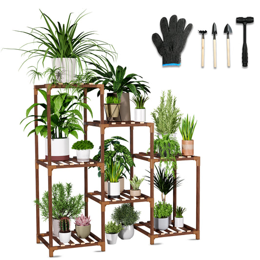 Vipsafe 3-Tier Wood Plant Stand for 7 Pots, Indoor Outdoor Flower Shelf for Balcony or Garden Decor