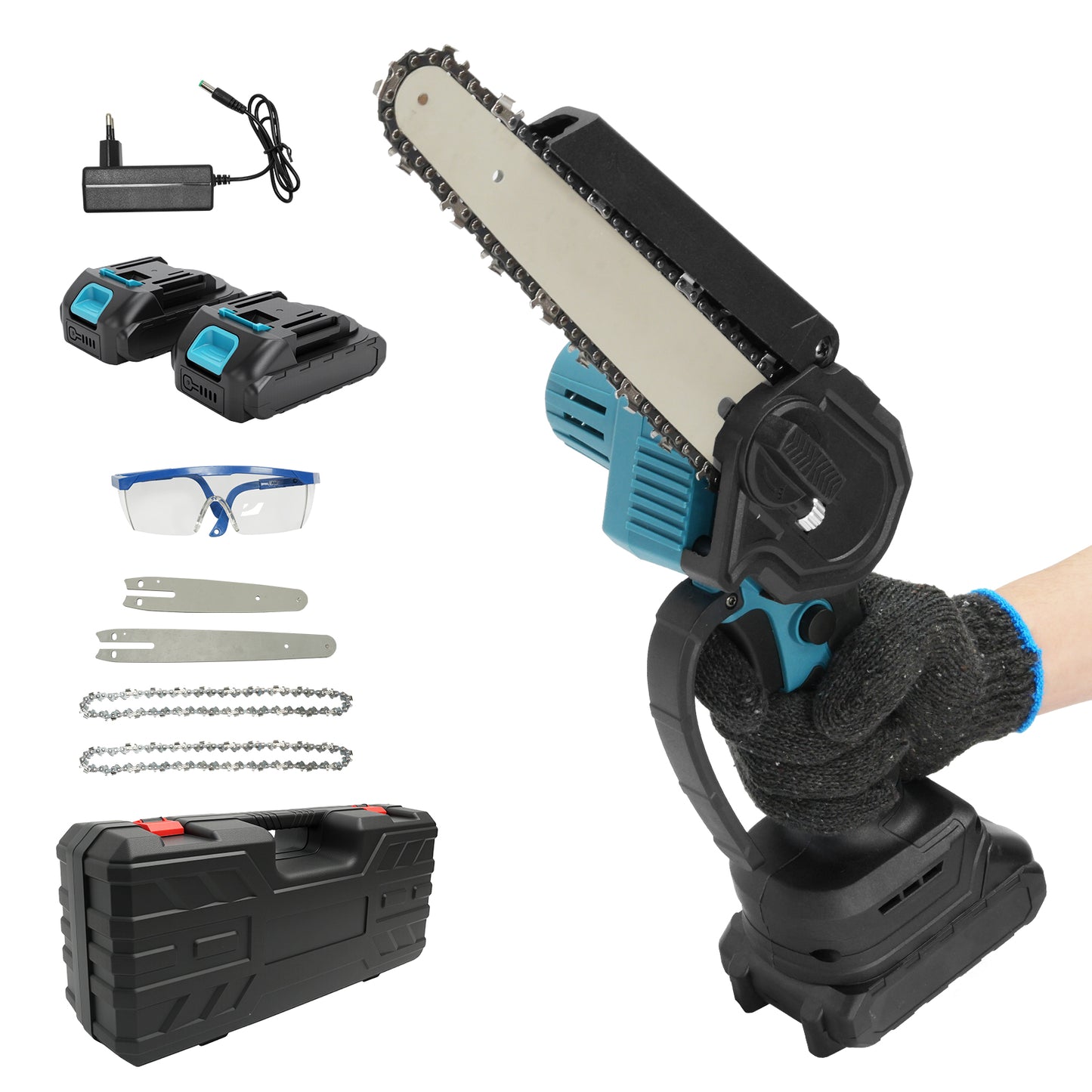Vipsafe 6" & 8" Portable Cordless Chainsaw with Brushless Motor, 2×21V Batteries, for Garden, Wood Cutting & DIY, Blue
