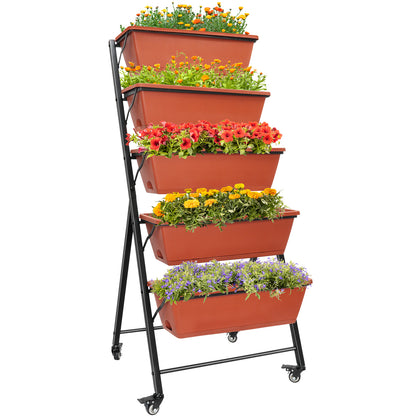 Vipsafe 4FT 5-Tier Vertical Garden Bed with Wheels, Ideal for Indoor/Outdoor Use, Brown, 19.7" x 21.3" x 46.9"
