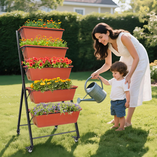 Vipsafe 4FT 5-Tier Vertical Garden Bed with Wheels, Ideal for Indoor/Outdoor Use, Brown, 19.7" x 21.3" x 46.9"