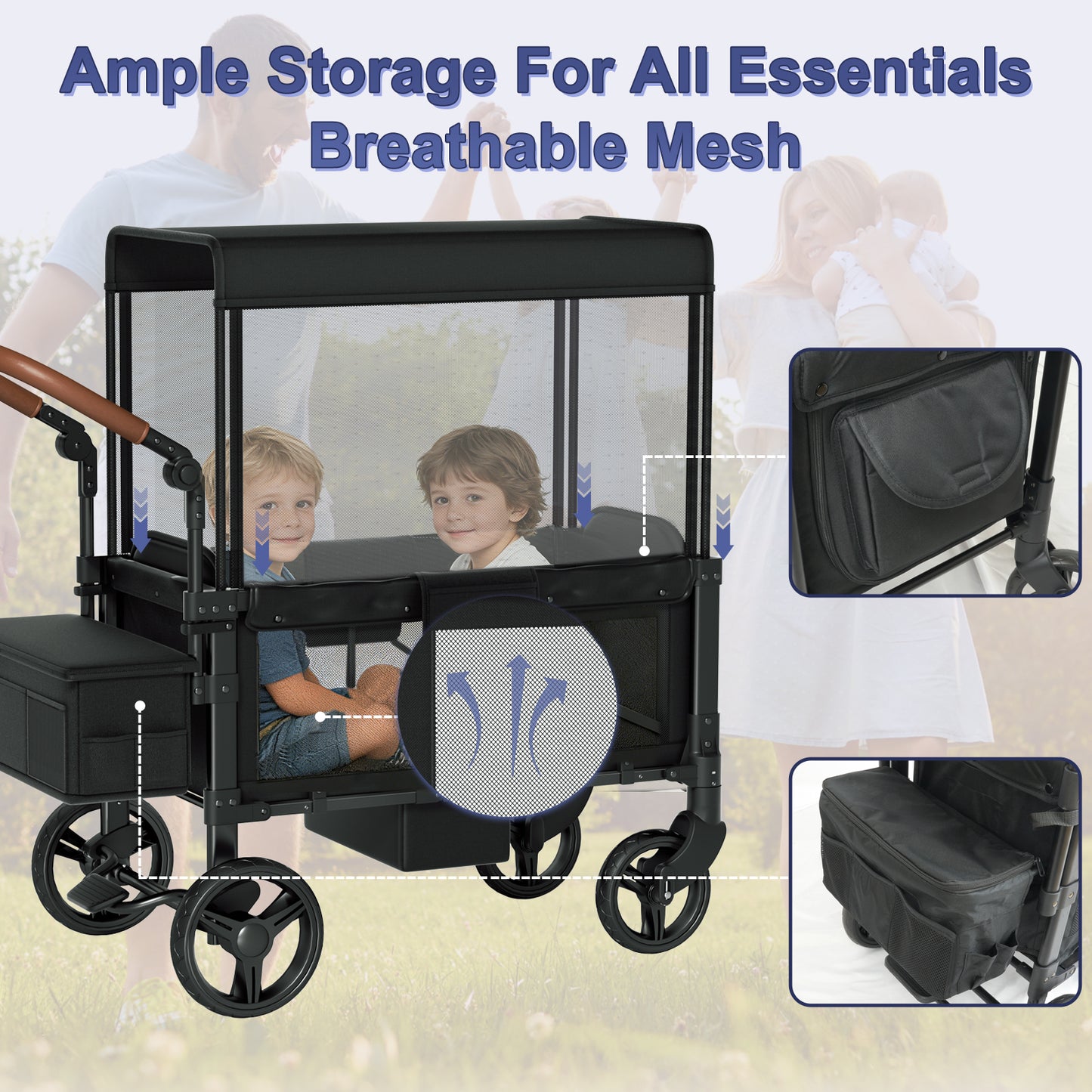 Vipsafe Foldable Wagon Stroller for 2 Kids, Multifunctional Baby Stroller with Detachable Canopy, Adjustable Handlebars, Easy Storage for Toddlers