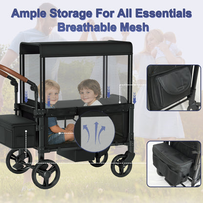 Vipsafe Foldable Wagon Stroller for 2 Kids, Multifunctional Baby Stroller with Detachable Canopy, Adjustable Handlebars, Easy Storage for Toddlers