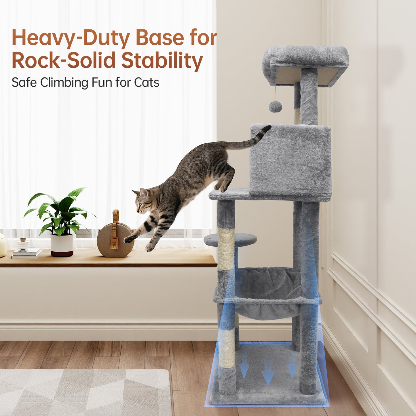 Vipsafe 56-Inch Cat Tree with 4 Tiers, Sisal Scratching Posts, Toys, and Cozy Bed for Indoor Cats