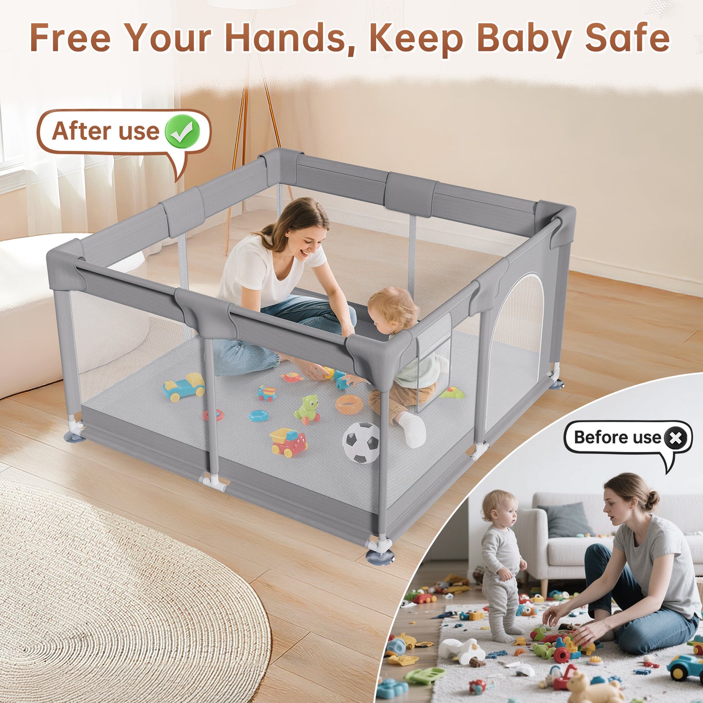 Vipsafe Baby Playpen Safety Play Yard with Carry Bag, Portable & Easy to Assemble, 49" x 49", Gray