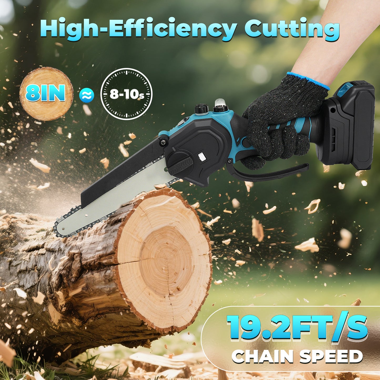 Vipsafe 6" & 8" Portable Cordless Chainsaw with Brushless Motor, 2×21V Batteries, for Garden, Wood Cutting & DIY, Blue