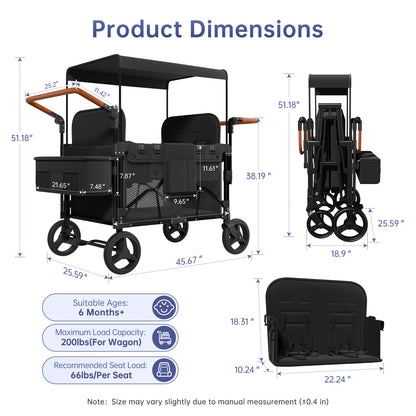 Vipsafe Foldable Wagon Stroller for 4 Kids, Multifunctional Wagon with Detachable Canopy, Adjustable Handlebars, Removable Seats, and Easy Storage