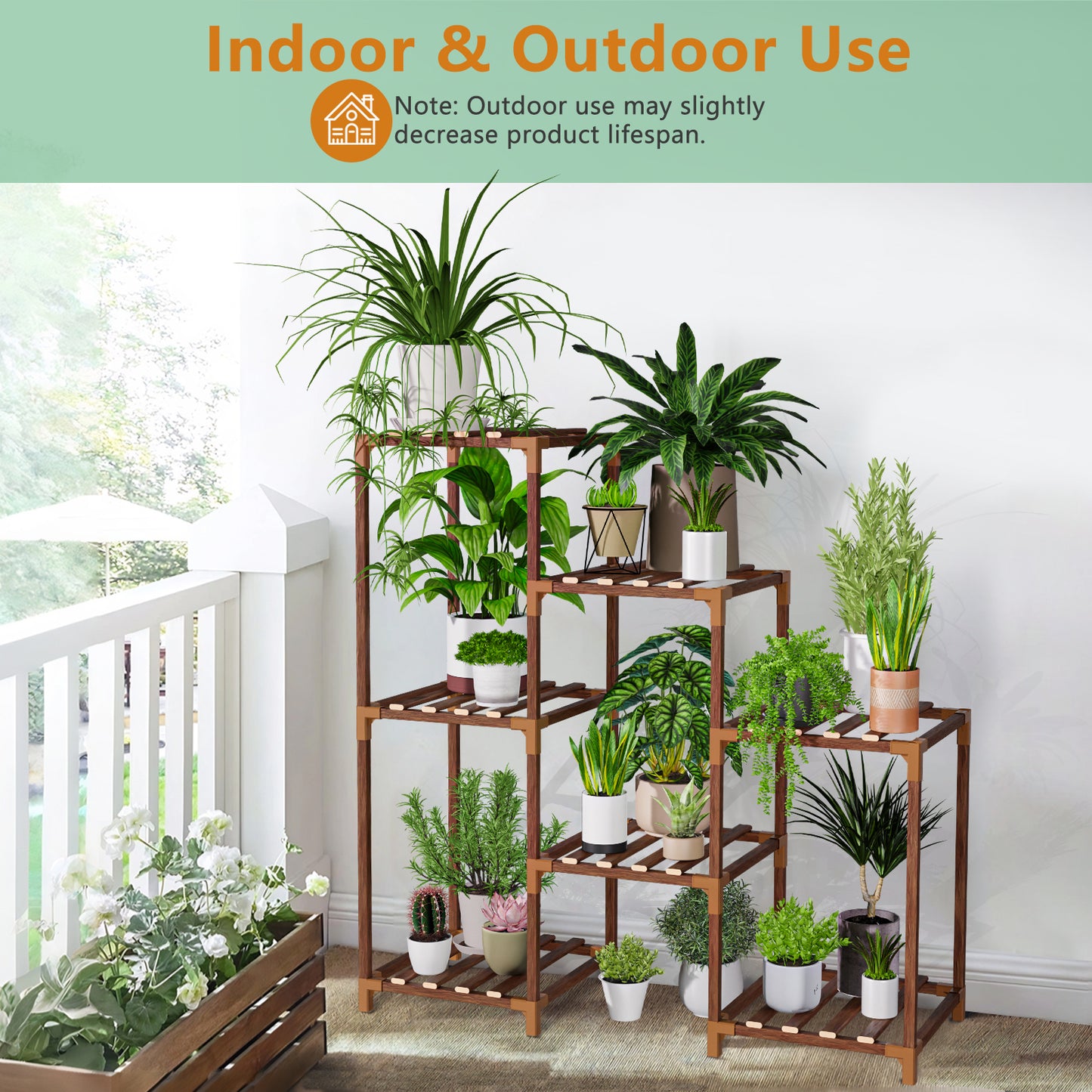 Vipsafe 3-Tier Wood Plant Stand for 7 Pots, Indoor Outdoor Flower Shelf for Balcony or Garden Decor
