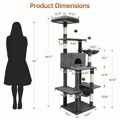 Vipsafe 63.8-Inch Cat Tree with 6 Tiers, Sisal Scratching Posts, Toys, and Cozy Bed for Indoor Cats
