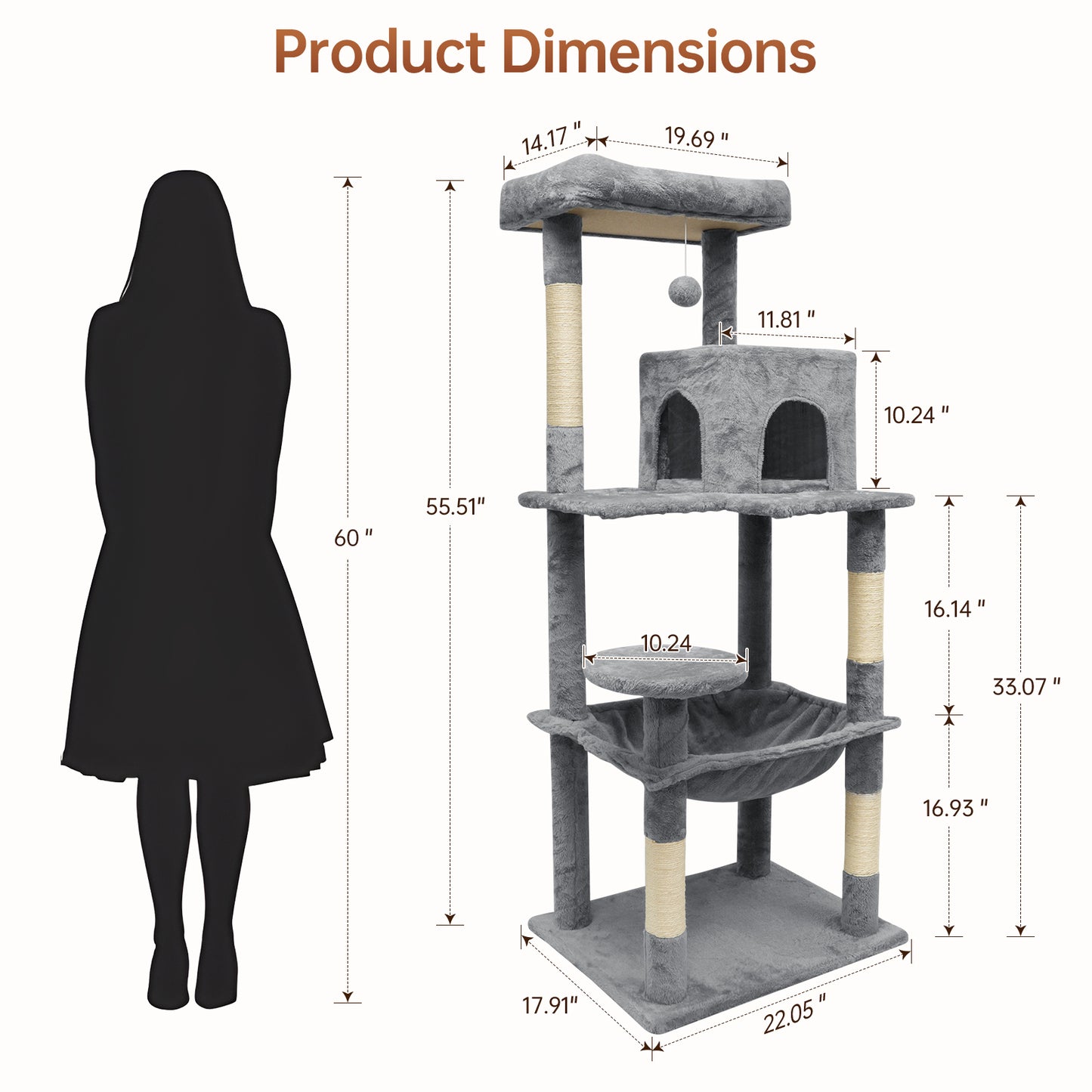 Vipsafe 56-Inch Cat Tree with 4 Tiers, Sisal Scratching Posts, Toys, and Cozy Bed for Indoor Cats