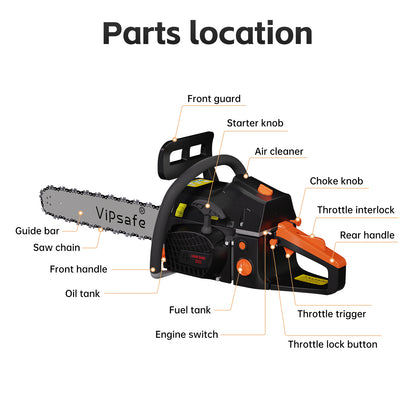Vipsafe 58cc Gas Chainsaw 20-Inch Bar, 2-Cycle Engine, Anti-Vibration, Chain Brake, for Tree Cutting & Wood Trimming