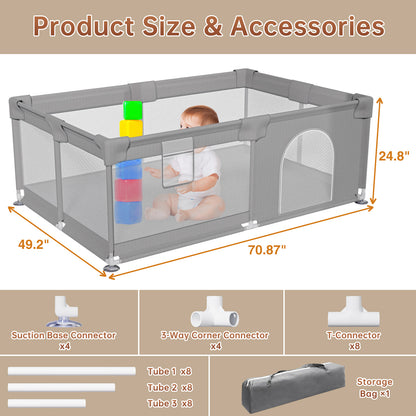 Vipsafe Baby Playpen with Carry Bag Safety Play Yard for Toddlers Easy to Assemble & Store Durable & Portable Playpen for Kids 49" x 71" Gray