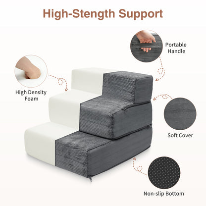 Vipsafe 3-Step Dog Stairs Pet Ramp Stairs for Small Dogs and Cats High Bed Couch Sofa Clambing, Non-Slip Bottom & Washable Cover,Gray