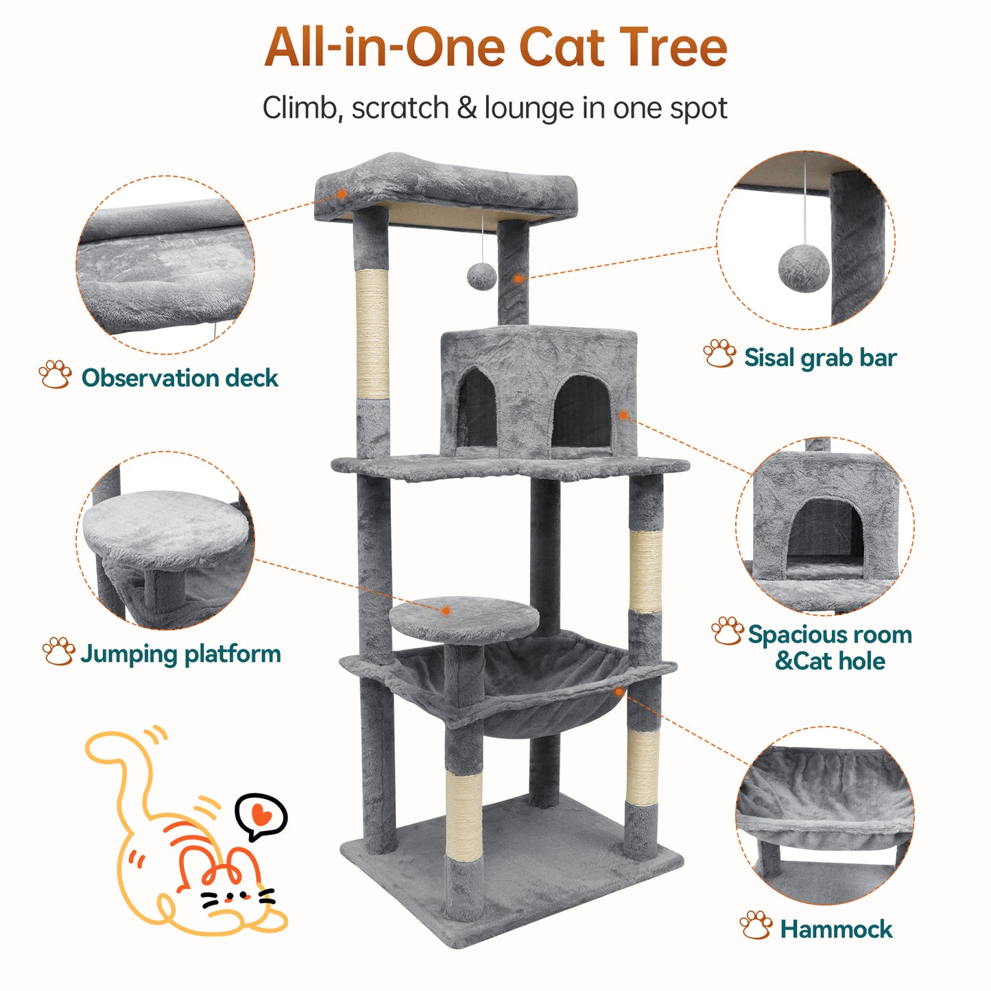 Vipsafe 56-Inch Cat Tree with 4 Tiers, Sisal Scratching Posts, Toys, and Cozy Bed for Indoor Cats