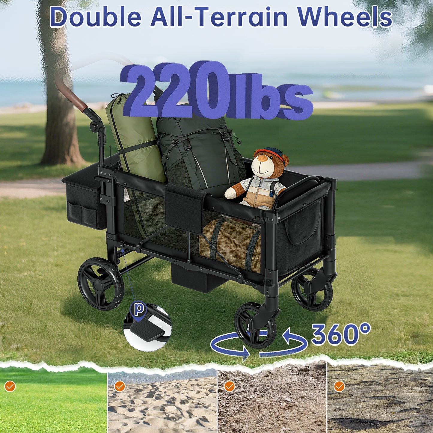 Vipsafe Foldable Wagon Stroller for 2 Kids, Multifunctional Baby Stroller with Detachable Canopy, Adjustable Handlebars, Easy Storage for Toddlers