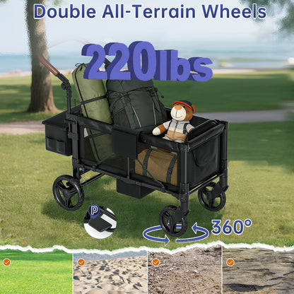Vipsafe Foldable Wagon Stroller for 2 Kids, Multifunctional Baby Stroller with Detachable Canopy, Adjustable Handlebars, Easy Storage for Toddlers