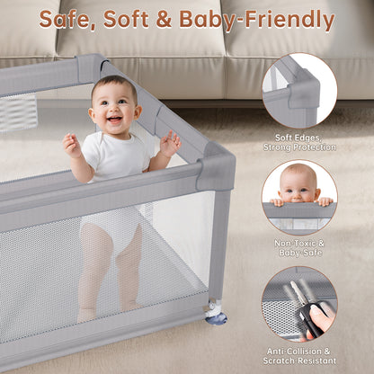 Vipsafe Baby Playpen with Carry Bag Safety Play Yard for Toddlers Easy to Assemble & Store Durable & Portable Playpen for Kids 49" x 71" Gray