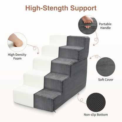 Vipsafe 5-Step Dog Ramp Ladder, Pet Stairs with Non-Slip Bottom and Washable Cover for Small Dogs and Cats,Gray