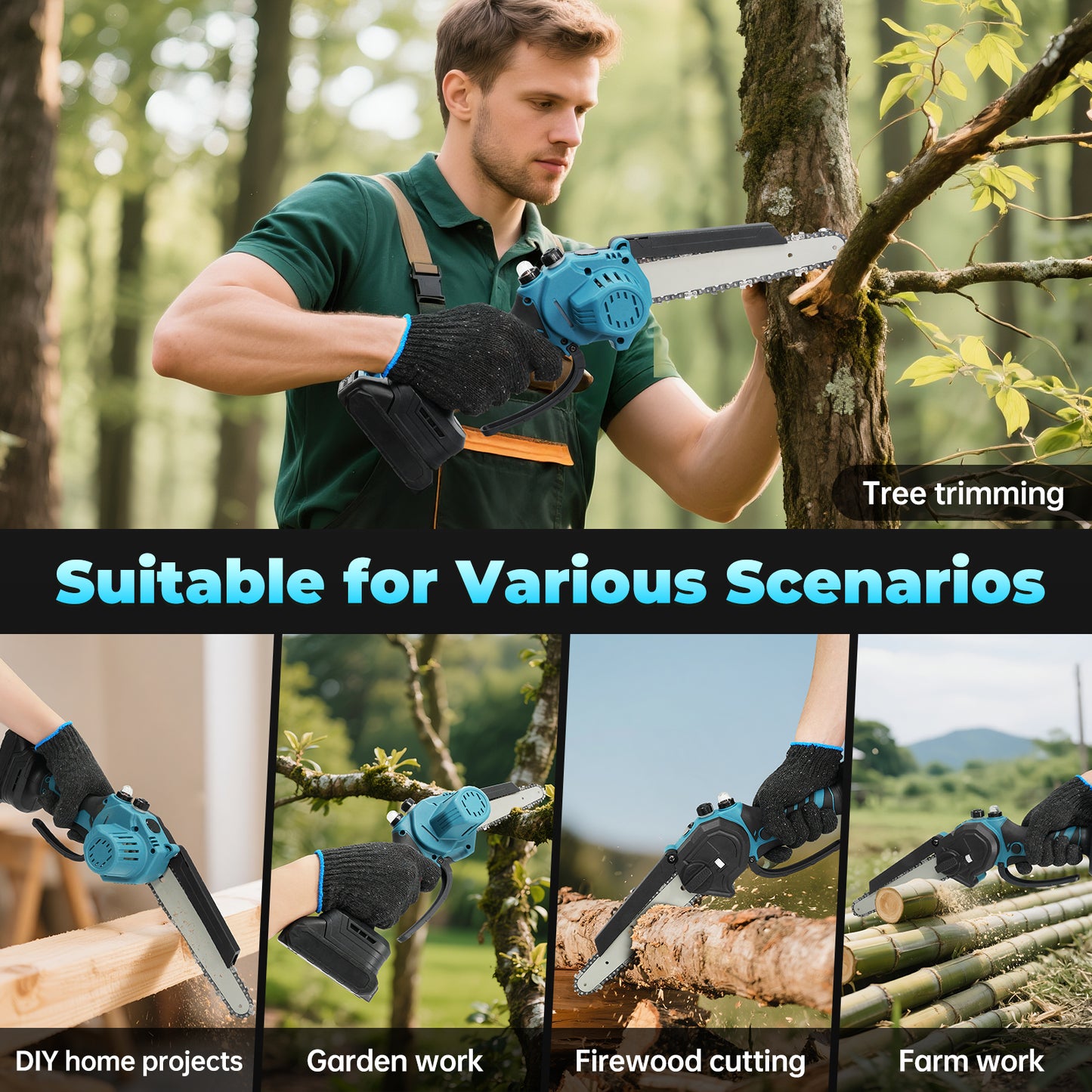 Vipsafe 6" & 8" Portable Cordless Chainsaw with Brushless Motor, 2×21V Batteries, for Garden, Wood Cutting & DIY, Blue