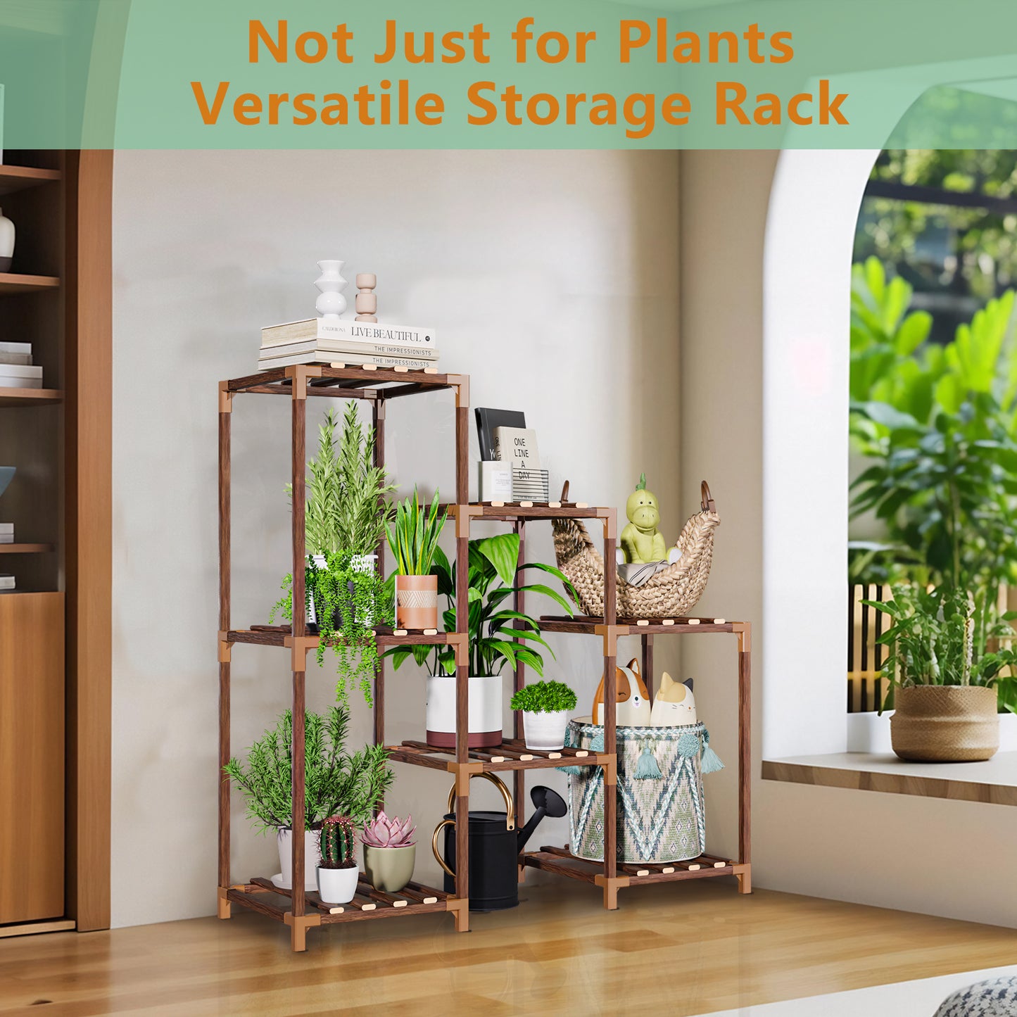 Vipsafe 3-Tier Wood Plant Stand for 7 Pots, Indoor Outdoor Flower Shelf for Balcony or Garden Decor