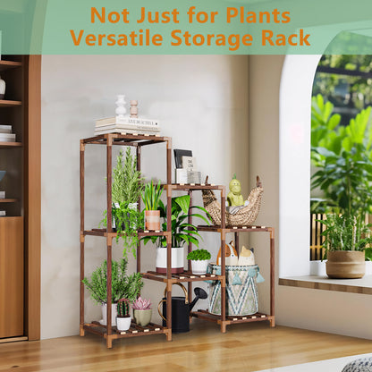 Vipsafe 3-Tier Wood Plant Stand for 7 Pots, Indoor Outdoor Flower Shelf for Balcony or Garden Decor