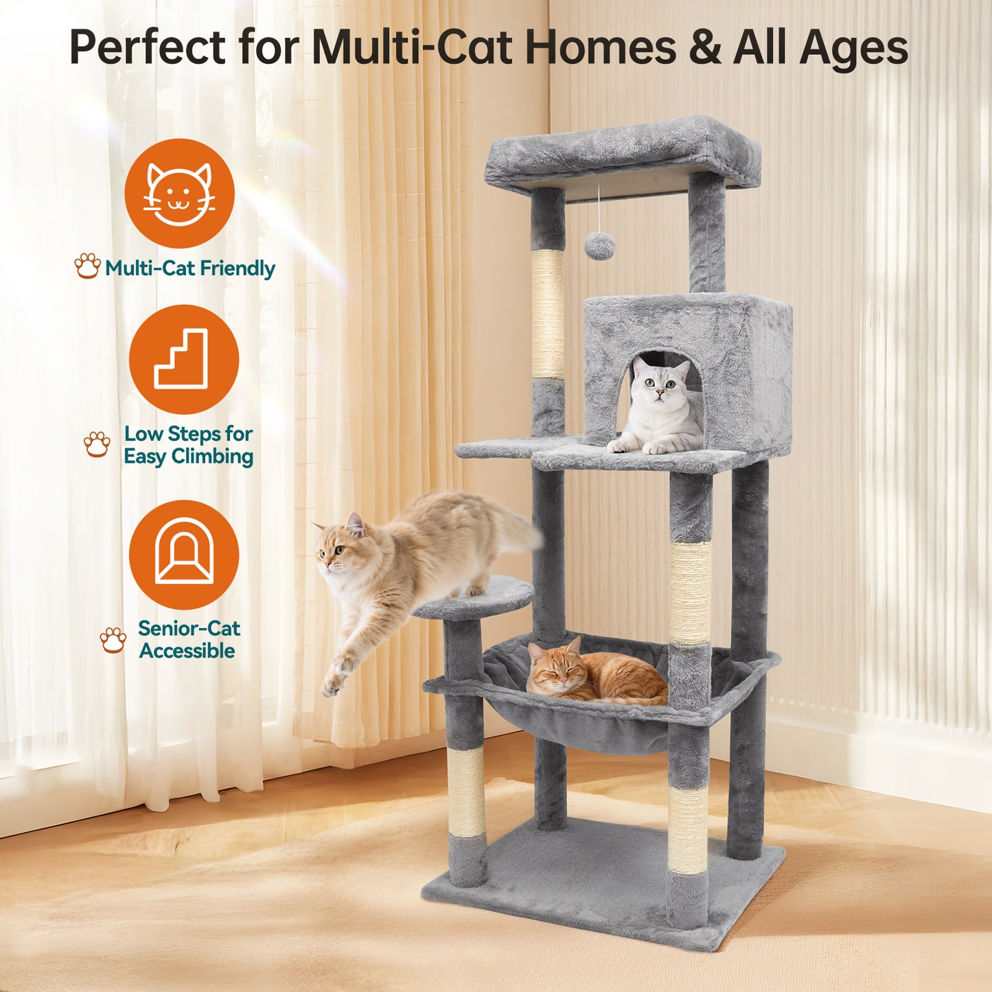Vipsafe 56-Inch Cat Tree with 4 Tiers, Sisal Scratching Posts, Toys, and Cozy Bed for Indoor Cats