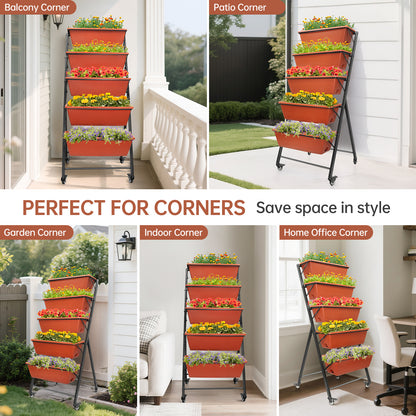 Vipsafe 4FT 5-Tier Vertical Garden Bed with Wheels, Ideal for Indoor/Outdoor Use, Brown, 19.7" x 21.3" x 46.9"